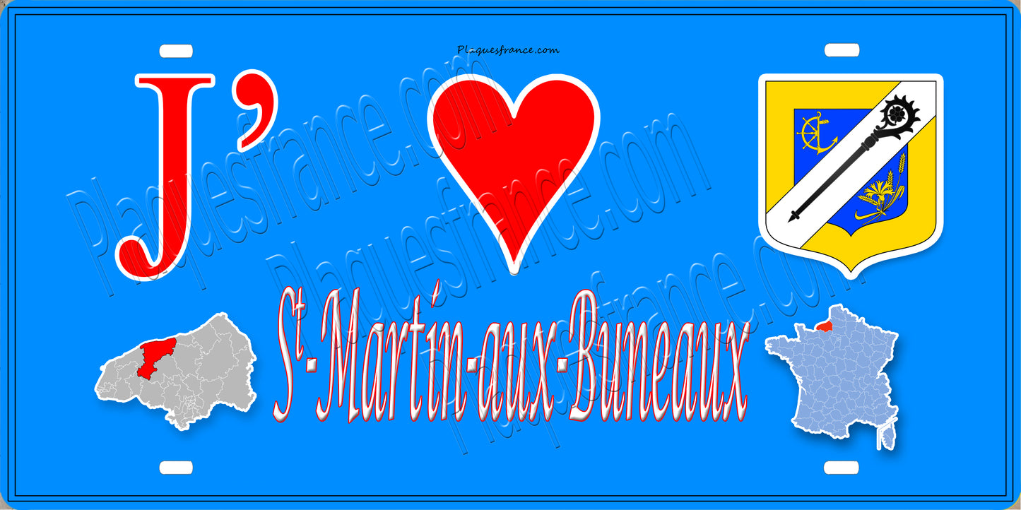 Plaque métal décorative 15X30 J' ❤️ Saint-Martin-aux-Buneaux, Seine Maritime (76) bleu carte
