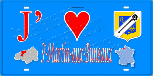 Plaque métal décorative 15X30 J' ❤️ Saint-Martin-aux-Buneaux, Seine Maritime (76) bleu carte