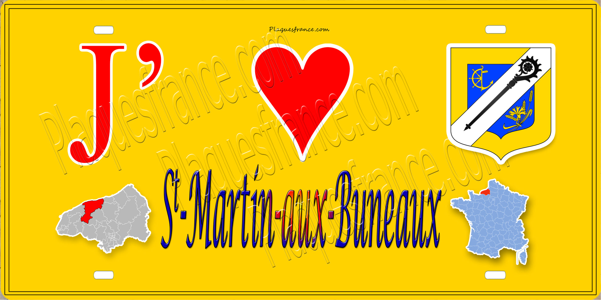 Plaque métal décorative 15X30 J' ❤️ Saint-Martin-aux-Buneaux, Seine Maritime (76) jaune carte