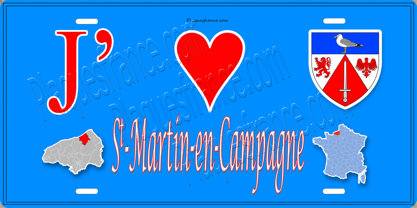 Plaque métal décorative 15x30 J' ❤️ Saint-Martin-en-Campagne, Seine Maritime (76) bleu carte
