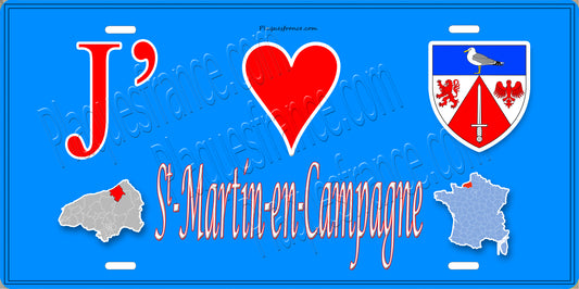 Plaque métal décorative 15x30 J' ❤️ Saint-Martin-en-Campagne, Seine Maritime (76) bleu carte