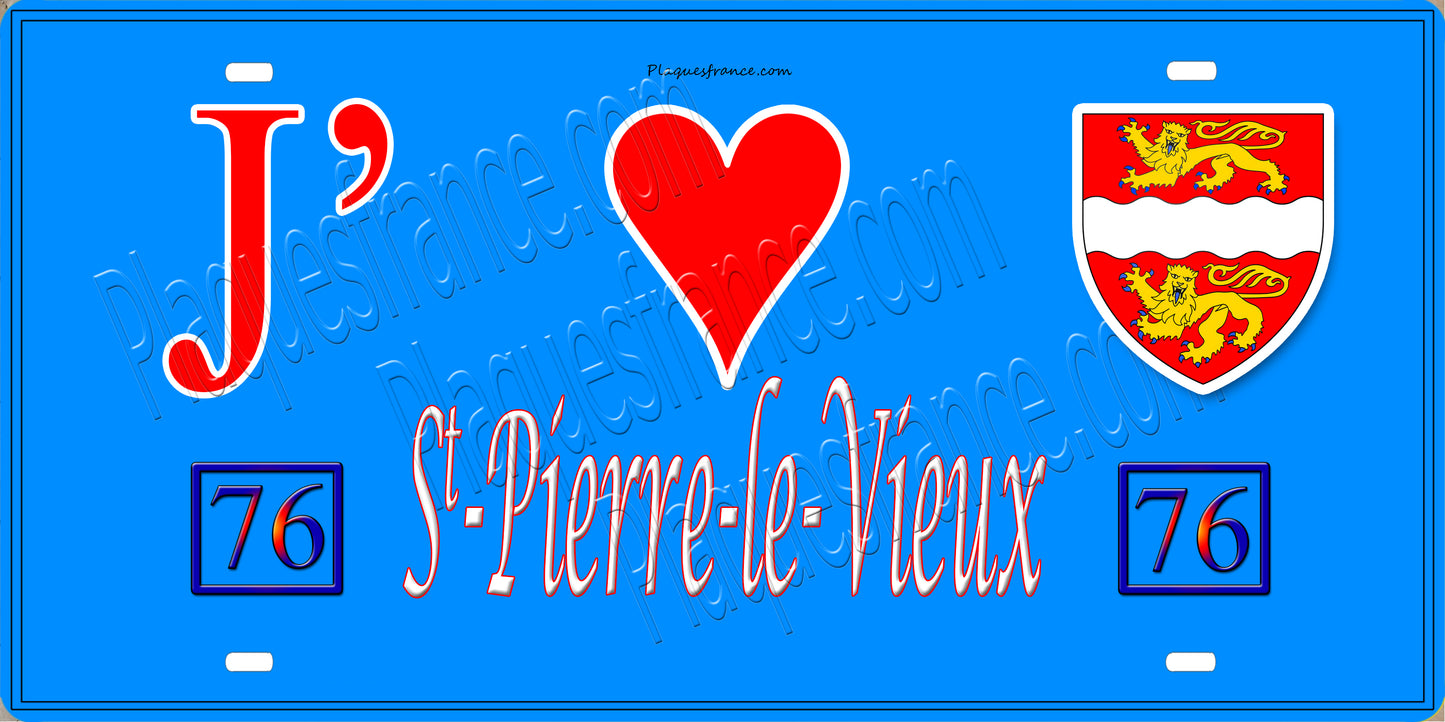 Plaque métal décorative 15X30 J' ❤️ Saint-Pierre-le-Vieux, Seine Maritime (76) bleu
