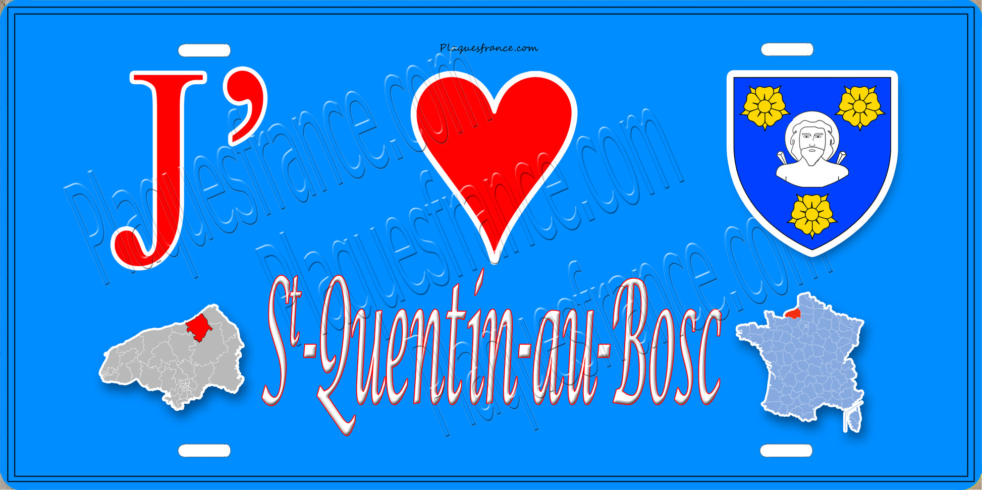 Plaque métal décorative  J' ❤️ Saint-Quentin-au-Bosc, Seine Maritime (76) bleu carte