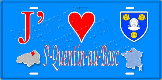 Plaque métal décorative  J' ❤️ Saint-Quentin-au-Bosc, Seine Maritime (76) bleu carte