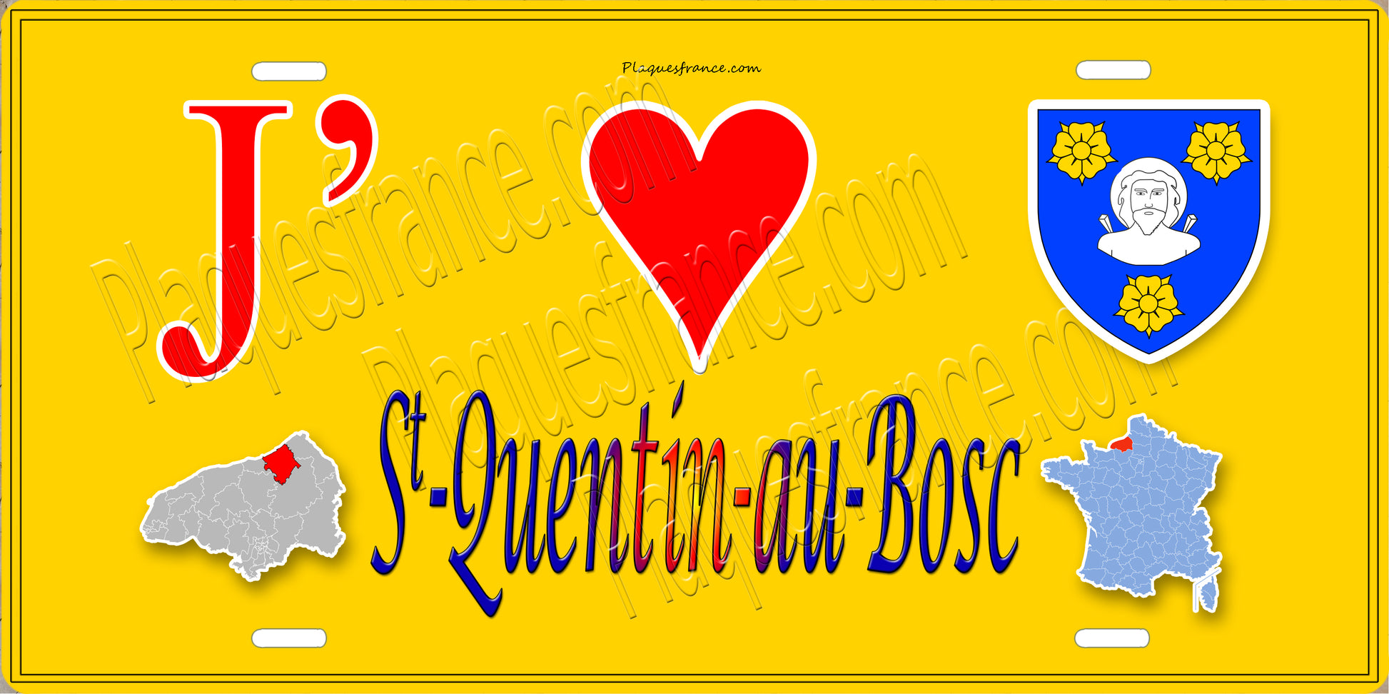 Plaque métal décorative  J' ❤️ Saint-Quentin-au-Bosc, Seine Maritime (76) jaune carte