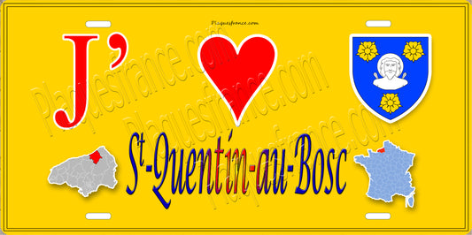 Plaque métal décorative  J' ❤️ Saint-Quentin-au-Bosc, Seine Maritime (76) jaune carte