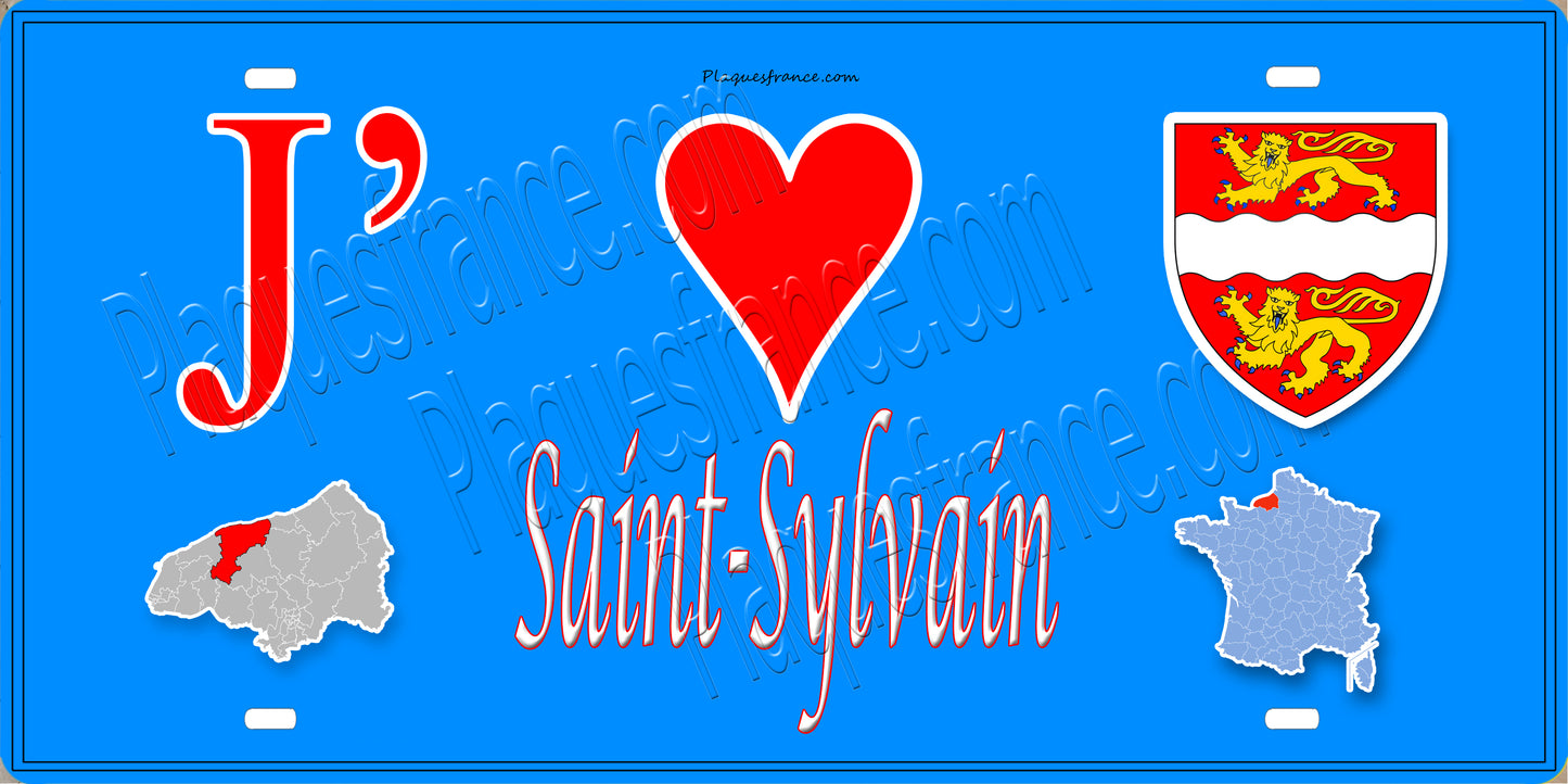 Plaque métal décorative 15X30 J' ❤️ Saint-Sylvain, Seine Maritime (76) bleu carte