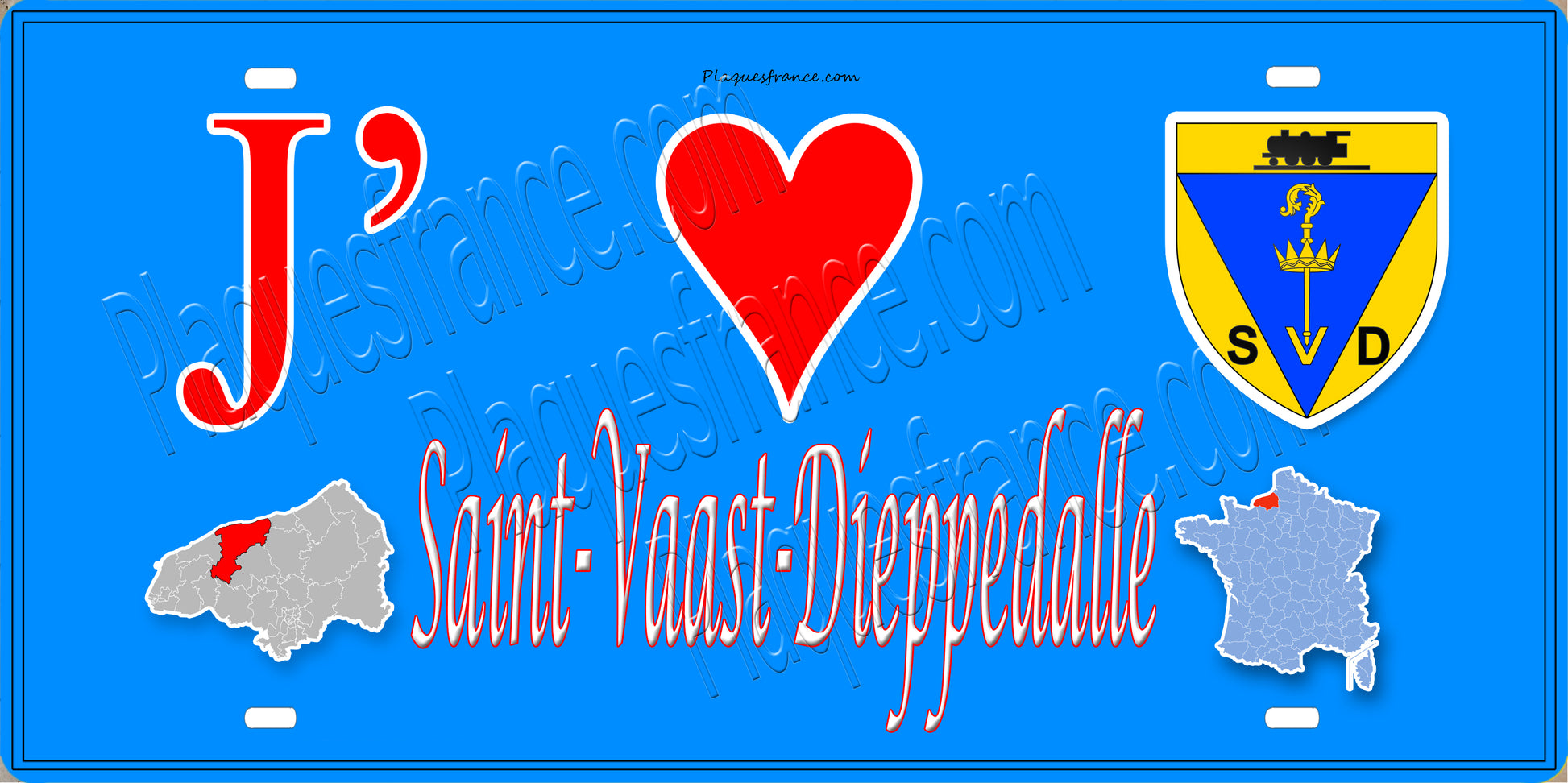 Plaque métal décorative 15X30 J' ❤️ Saint-Vaast-Dieppedalle, Seine Maritime (76) bleu carte
