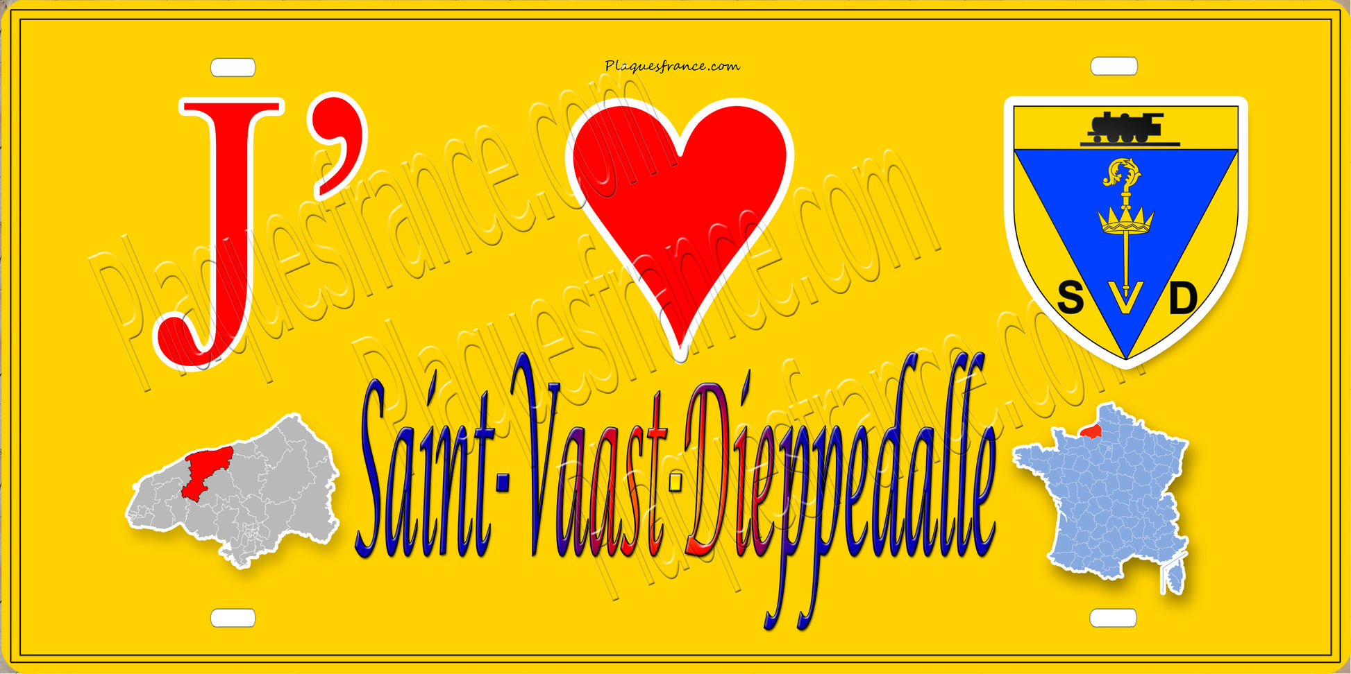 Plaque métal décorative 15X30 J' ❤️ Saint-Vaast-Dieppedalle, Seine Maritime (76) jaune carte