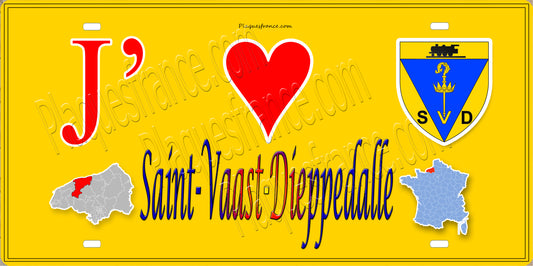 Plaque métal décorative 15X30 J' ❤️ Saint-Vaast-Dieppedalle, Seine Maritime (76) jaune carte