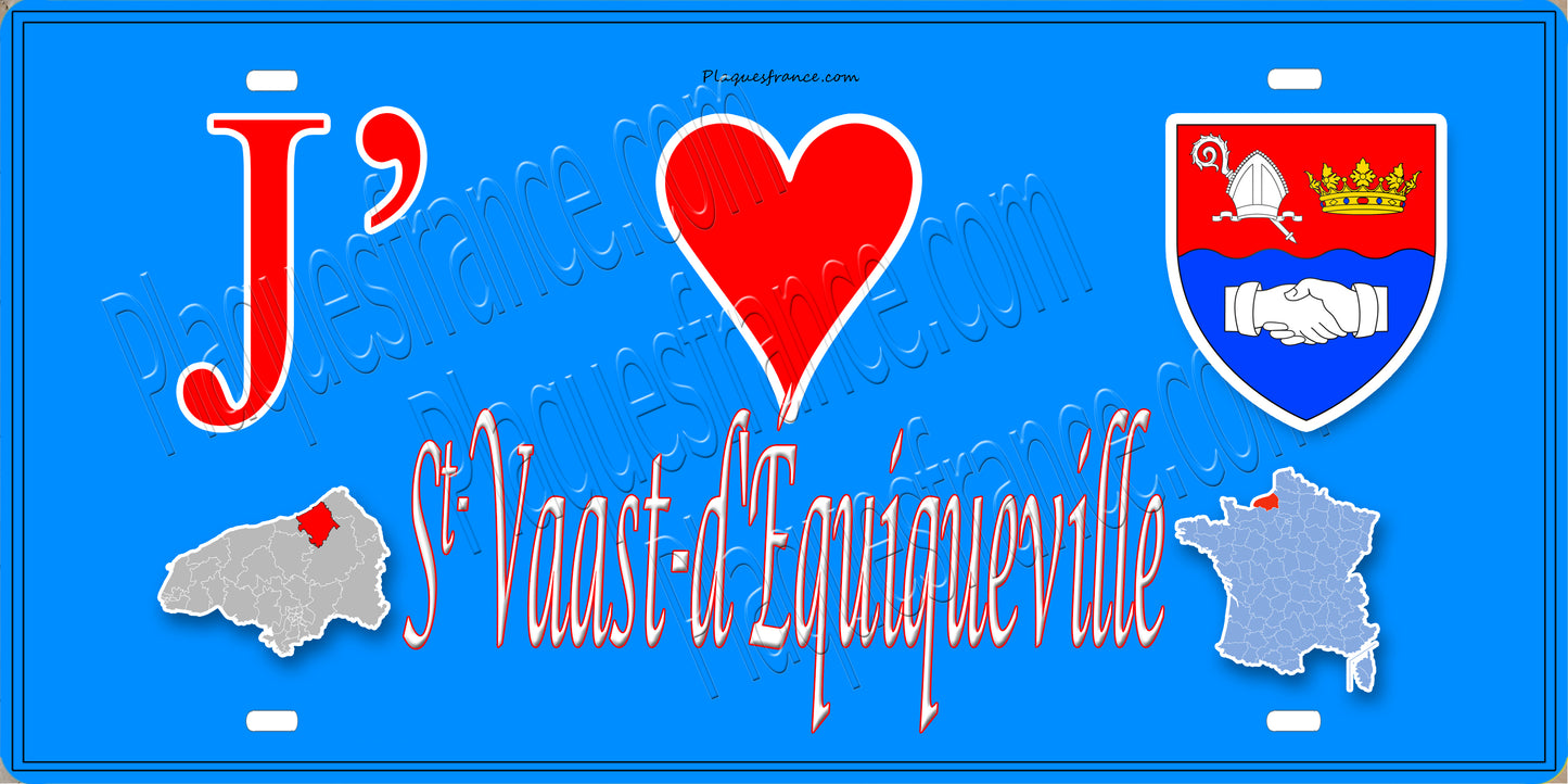 Plaque métal décorative  J' ❤️ Saint-Vaast-d'Equiqueville, Seine Maritime (76) bleu carte