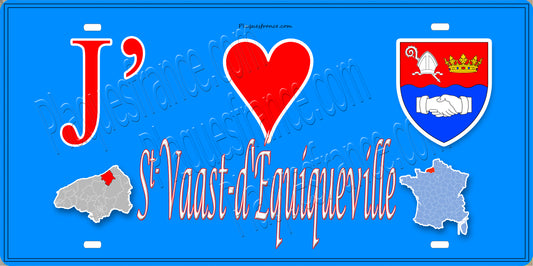 Plaque métal décorative  J' ❤️ Saint-Vaast-d'Equiqueville, Seine Maritime (76) bleu carte