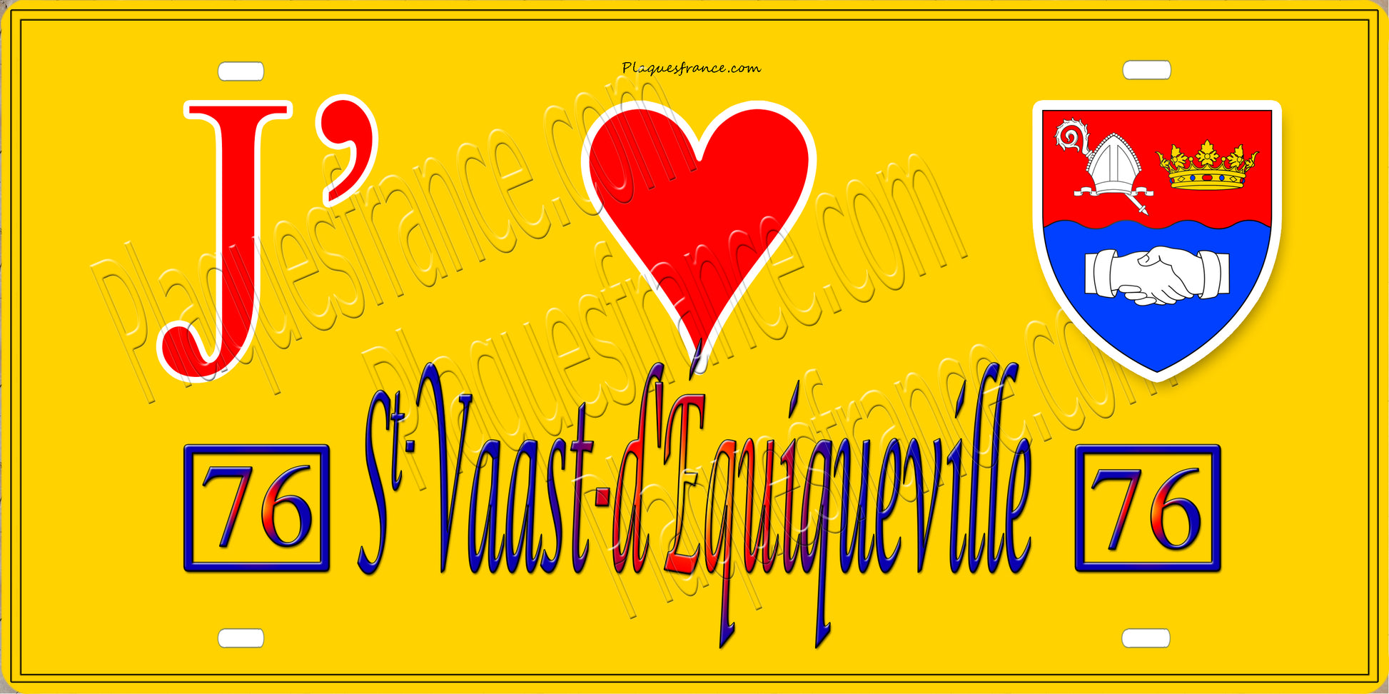 Plaque métal décorative  J' ❤️ Saint-Vaast-d'Equiqueville, Seine Maritime (76) jaune