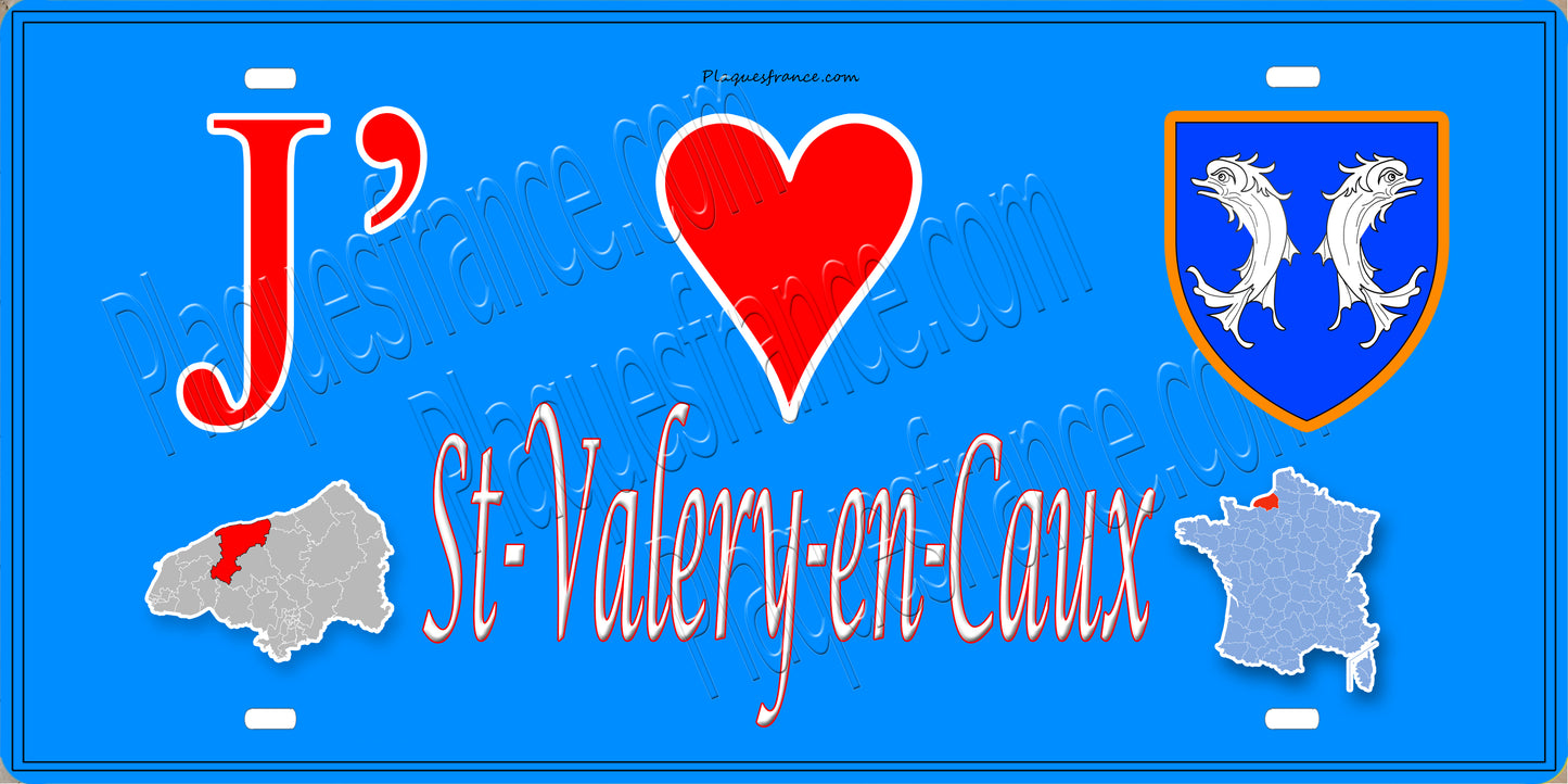 Plaque métal décorative 15X30 J' ❤️ Saint-Valery-en-Caux, Seine Maritime (76) bleu carte