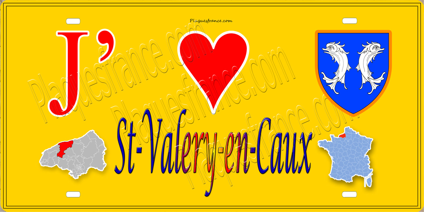 Plaque métal décorative 15X30 J' ❤️ Saint-Valery-en-Caux, Seine Maritime (76)jaune carte