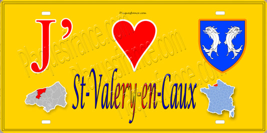Plaque métal décorative 15X30 J' ❤️ Saint-Valery-en-Caux, Seine Maritime (76)jaune carte