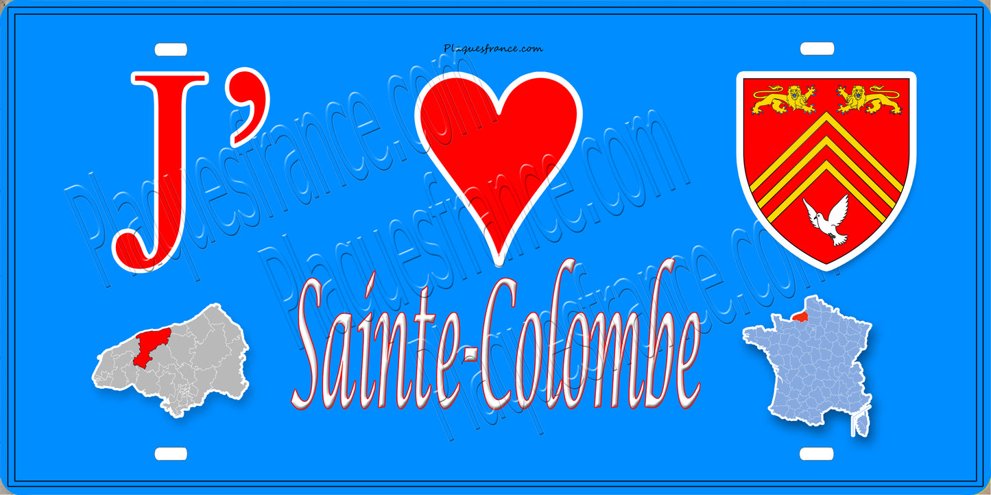 Plaque métal décorative 15X30 J' ❤️ Sainte-Colombe, Seine Maritime (76) bleu carte