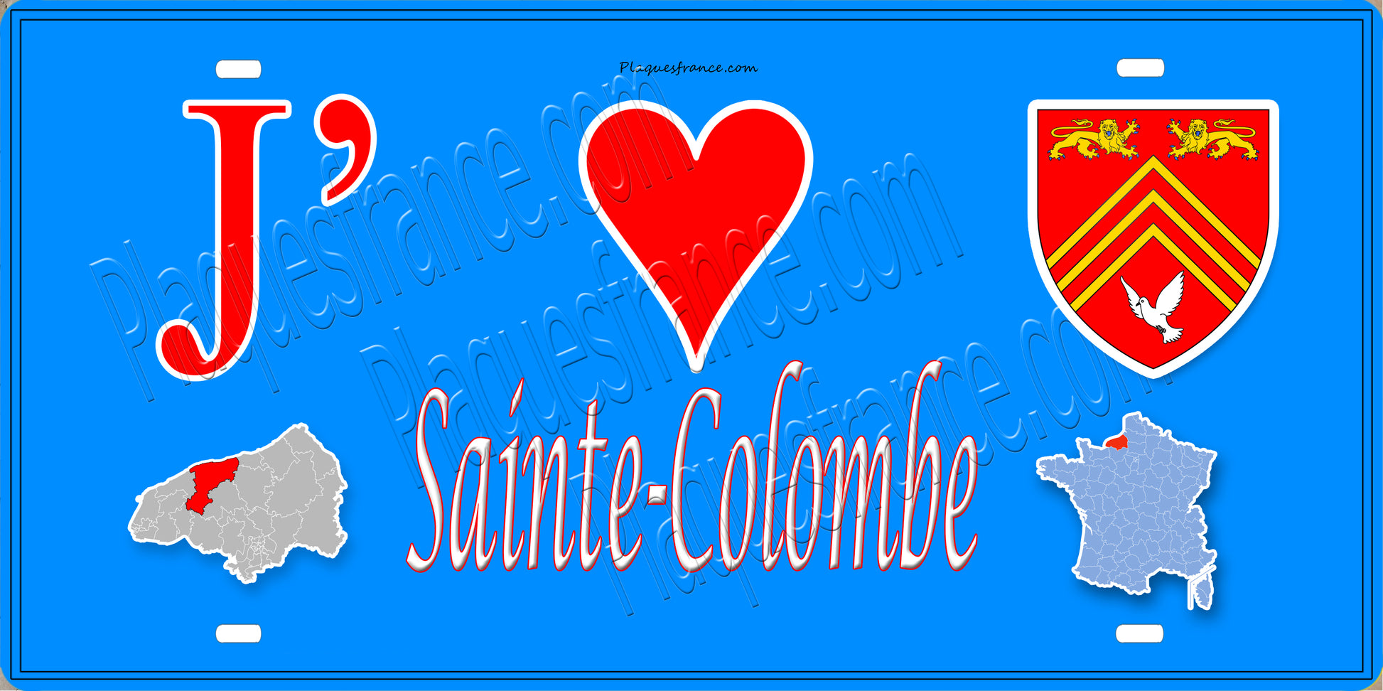 Plaque métal décorative 15X30 J' ❤️ Sainte-Colombe, Seine Maritime (76) bleu carte