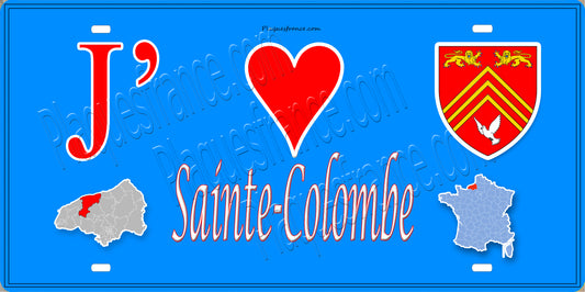 Plaque métal décorative 15X30 J' ❤️ Sainte-Colombe, Seine Maritime (76) bleu carte