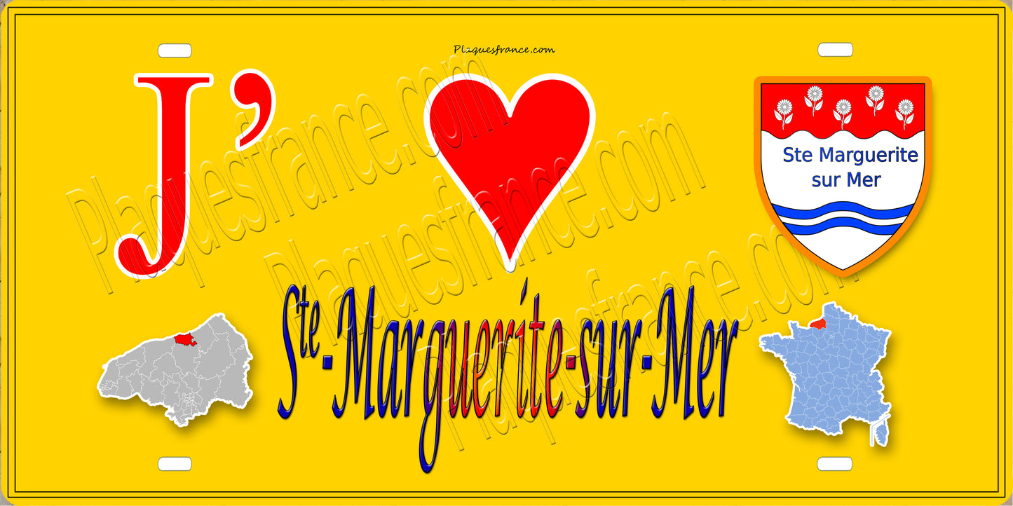 Plaque métal décorative  15x30J' ❤️ Sainte-Marguerite-sur-Mer, Seine Maritime (76) jaune carte