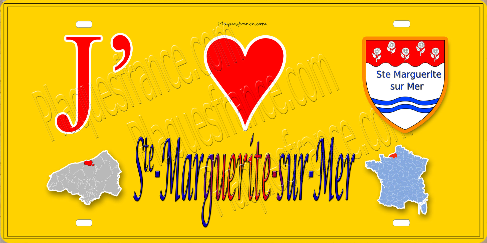 Plaque métal décorative  15x30J' ❤️ Sainte-Marguerite-sur-Mer, Seine Maritime (76) jaune carte