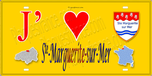 Plaque métal décorative  15x30J' ❤️ Sainte-Marguerite-sur-Mer, Seine Maritime (76) jaune carte