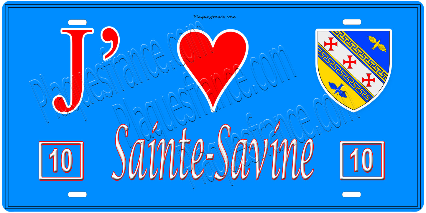 Plaque métal décorative, J' ❤️Sainte-Savine, Aube, fond  mur bleu 10
