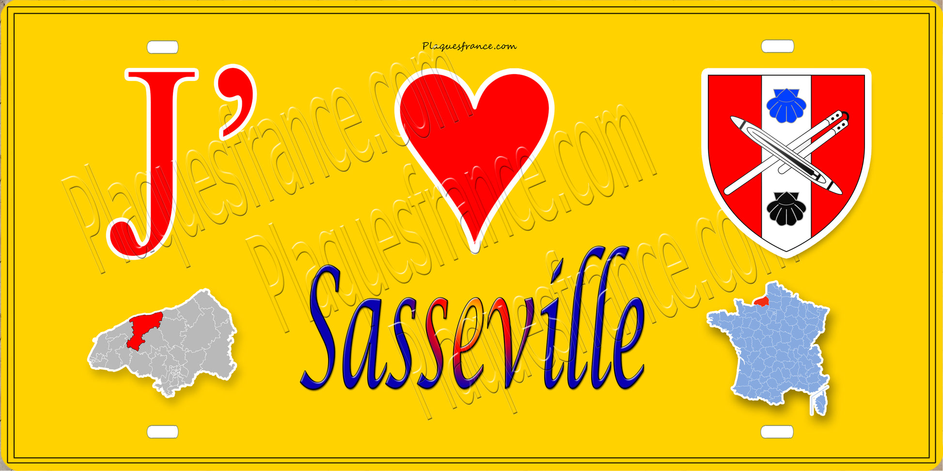 Plaque métal décorative 15X30 J' ❤️ Sasseville, Seine Maritime (76) jaune carte