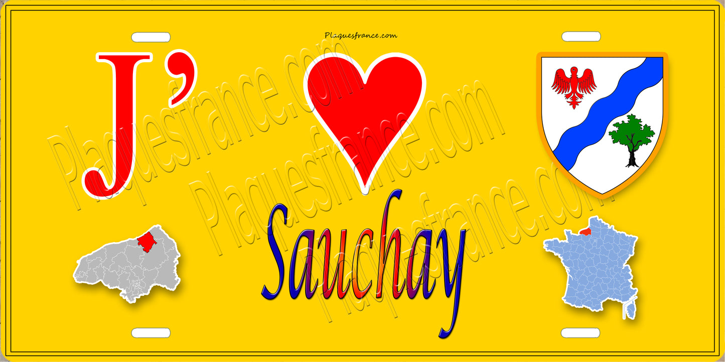 Plaque métal décorative 15X30 J' ❤️ Sauchay, Seine Maritime (76) jaune carte