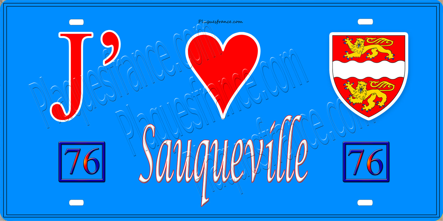 Plaque métal décorative 15x30 J' ❤️ Sauqueville, Seine Maritime (76) bleu