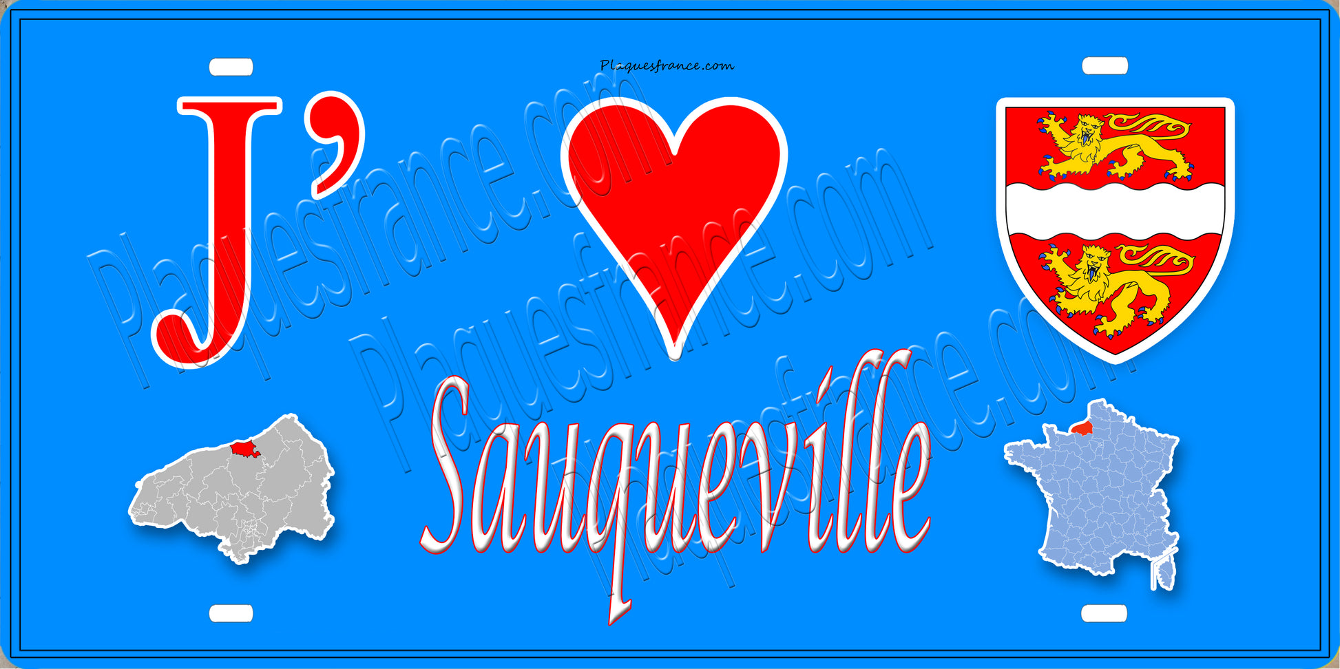 Plaque métal décorative 15x30 J' ❤️ Sauqueville, Seine Maritime (76) bleu carte