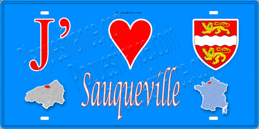Plaque métal décorative 15x30 J' ❤️ Sauqueville, Seine Maritime (76) bleu carte