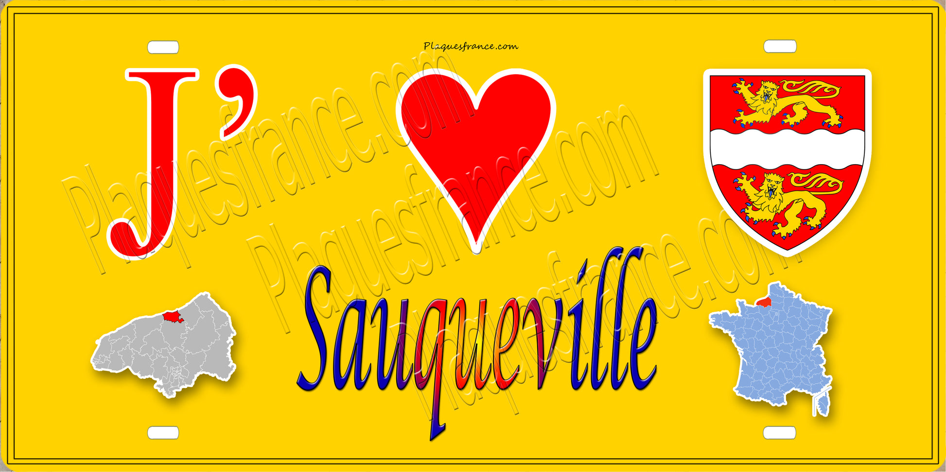 Plaque métal décorative 15x30 J' ❤️ Sauqueville, Seine Maritime (76) jaune carte