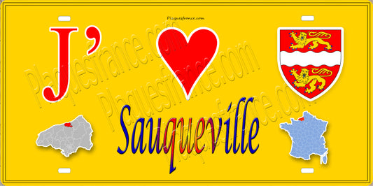 Plaque métal décorative 15x30 J' ❤️ Sauqueville, Seine Maritime (76) jaune carte