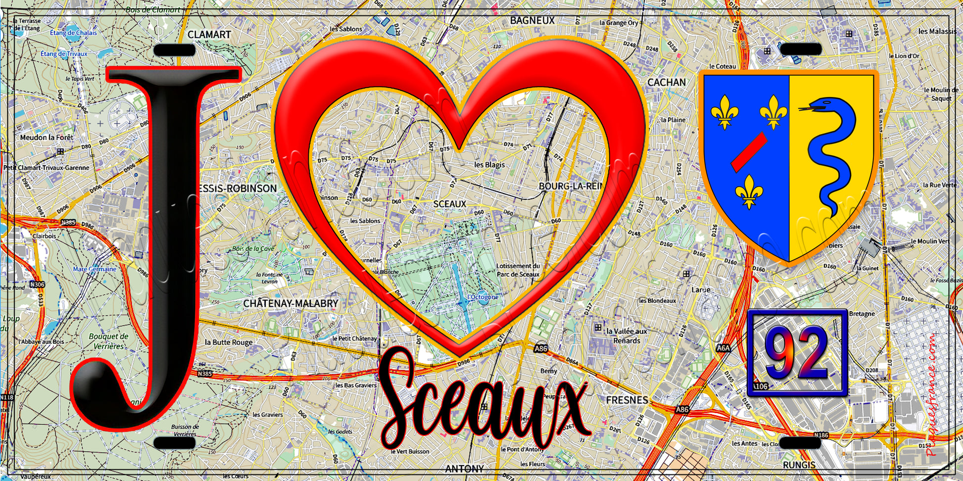 Plaque métal décorative  J' ❤️ Sceaux, Hauts de Seine (92) fond carte