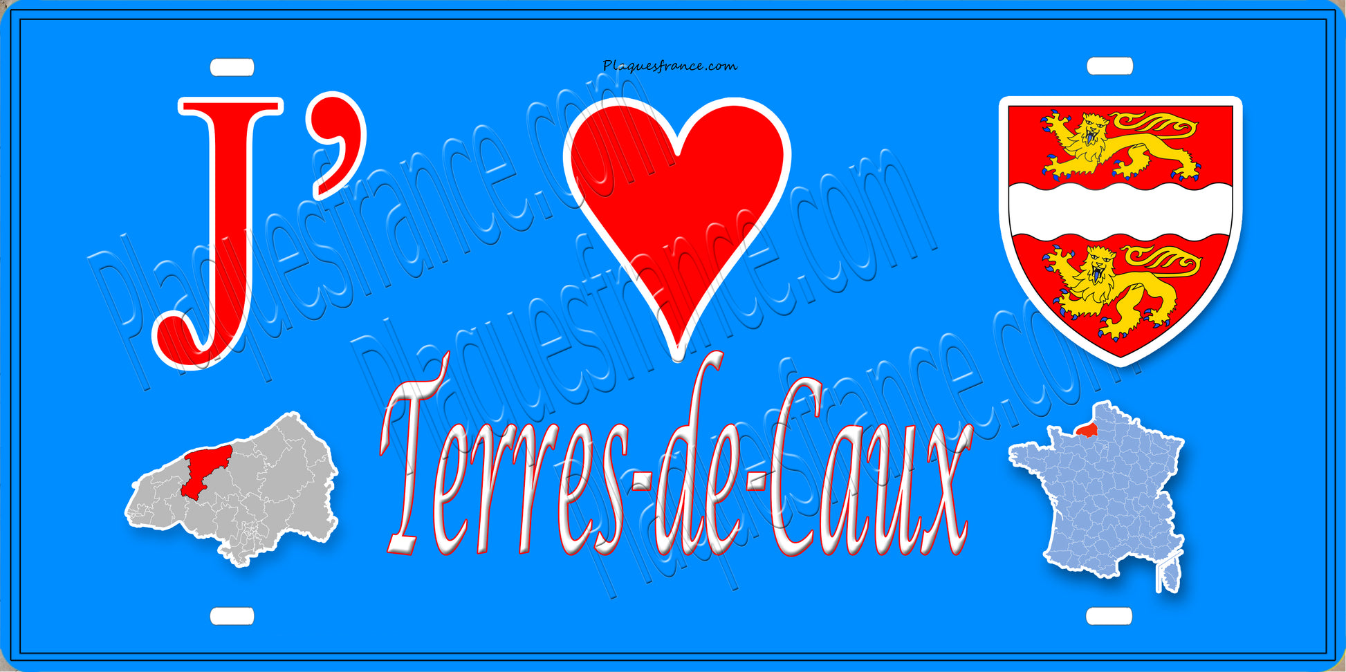 Plaque métal décorative 15X30 J' ❤️ Terres-de-Caux, Seine Maritime (76) bleu carte