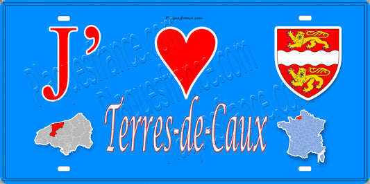 Plaque métal décorative 15X30 J' ❤️ Terres-de-Caux, Seine Maritime (76) bleu carte