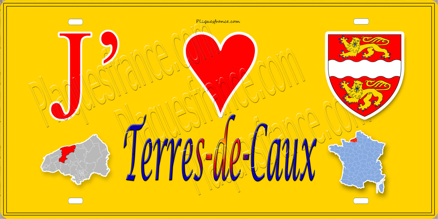 Plaque métal décorative 15X30 J' ❤️ Terres-de-Caux, Seine Maritime (76) jaune carte