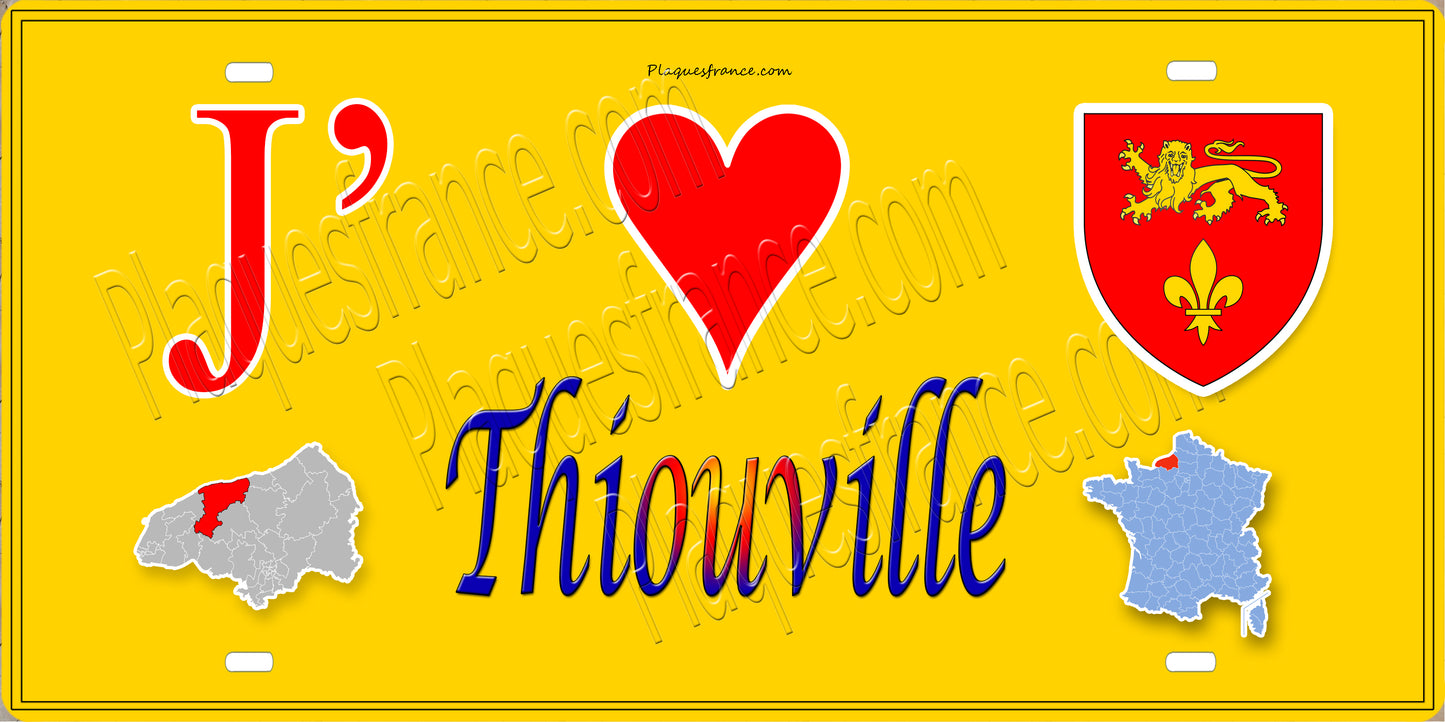 Plaque métal décorative 15X30 J' ❤️ Thiouville, Seine Maritime (76) jaune carte