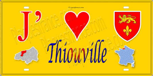 Plaque métal décorative 15X30 J' ❤️ Thiouville, Seine Maritime (76) jaune carte