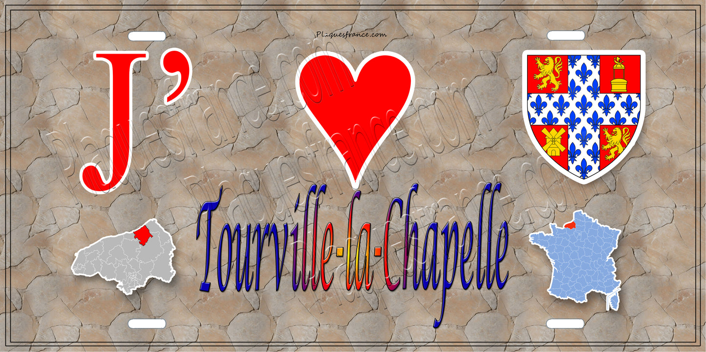 Plaque métal décorative  J' ❤️ Tourville-la-Chapelle, Seine Maritime (76) mur antique carte
