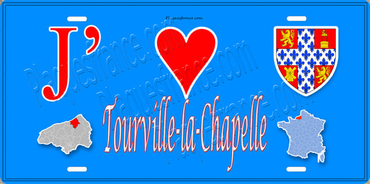 Plaque métal décorative  J' ❤️ Tourville-la-Chapelle, Seine Maritime (76) bleu carte