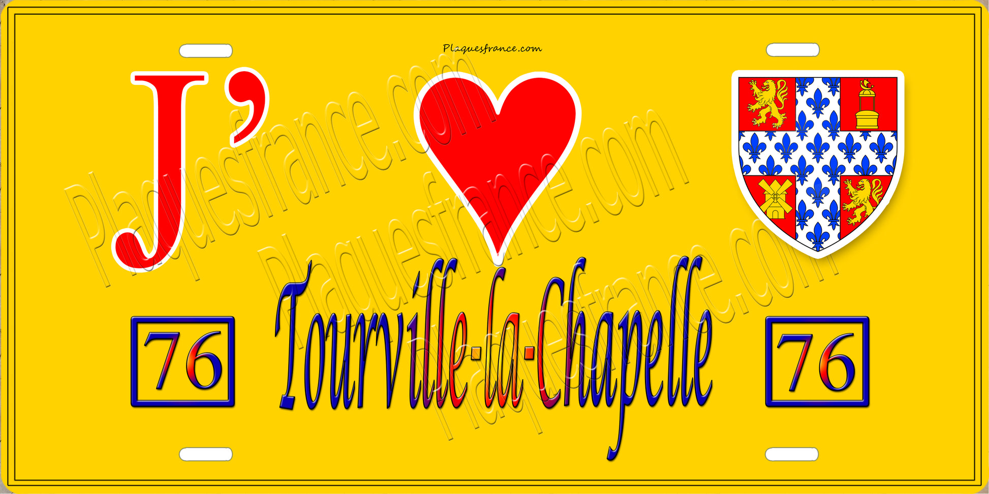 Plaque métal décorative  J' ❤️ Tourville-la-Chapelle, Seine Maritime (76) jaune