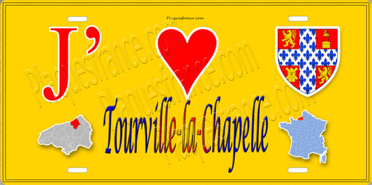 Plaque métal décorative  J' ❤️ Tourville-la-Chapelle, Seine Maritime (76) jaune carte