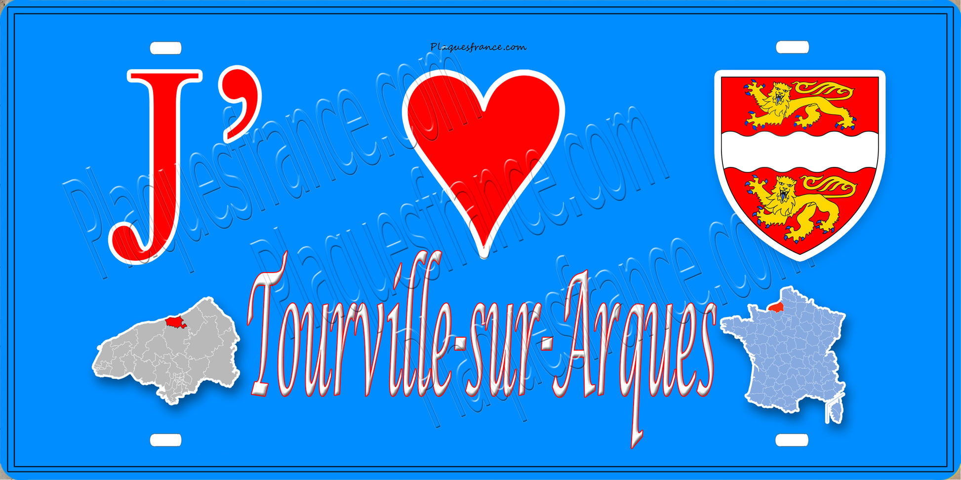 Plaque métal décorative 15x30 J' ❤️ Tourville-sur-Arques, Seine Maritime (76) (Copie) bleu carte
