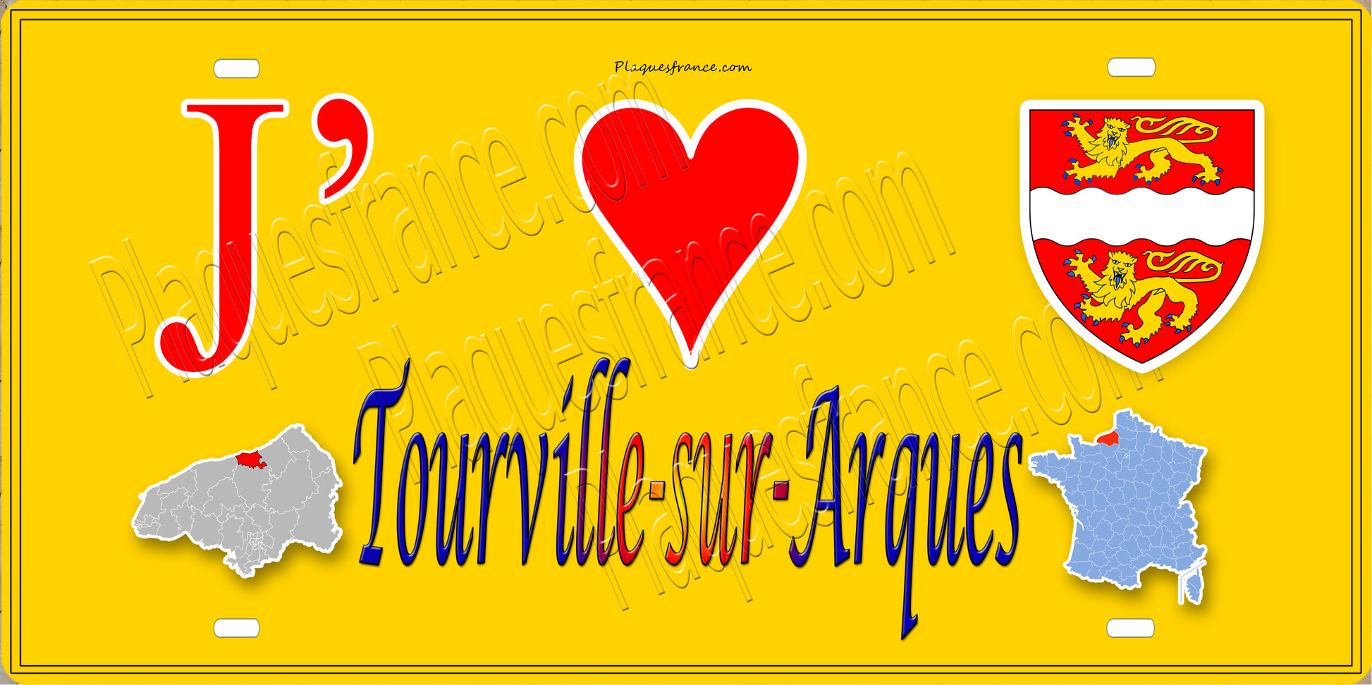 Plaque métal décorative 15x30 J' ❤️ Tourville-sur-Arques, Seine Maritime (76) jaune crte
