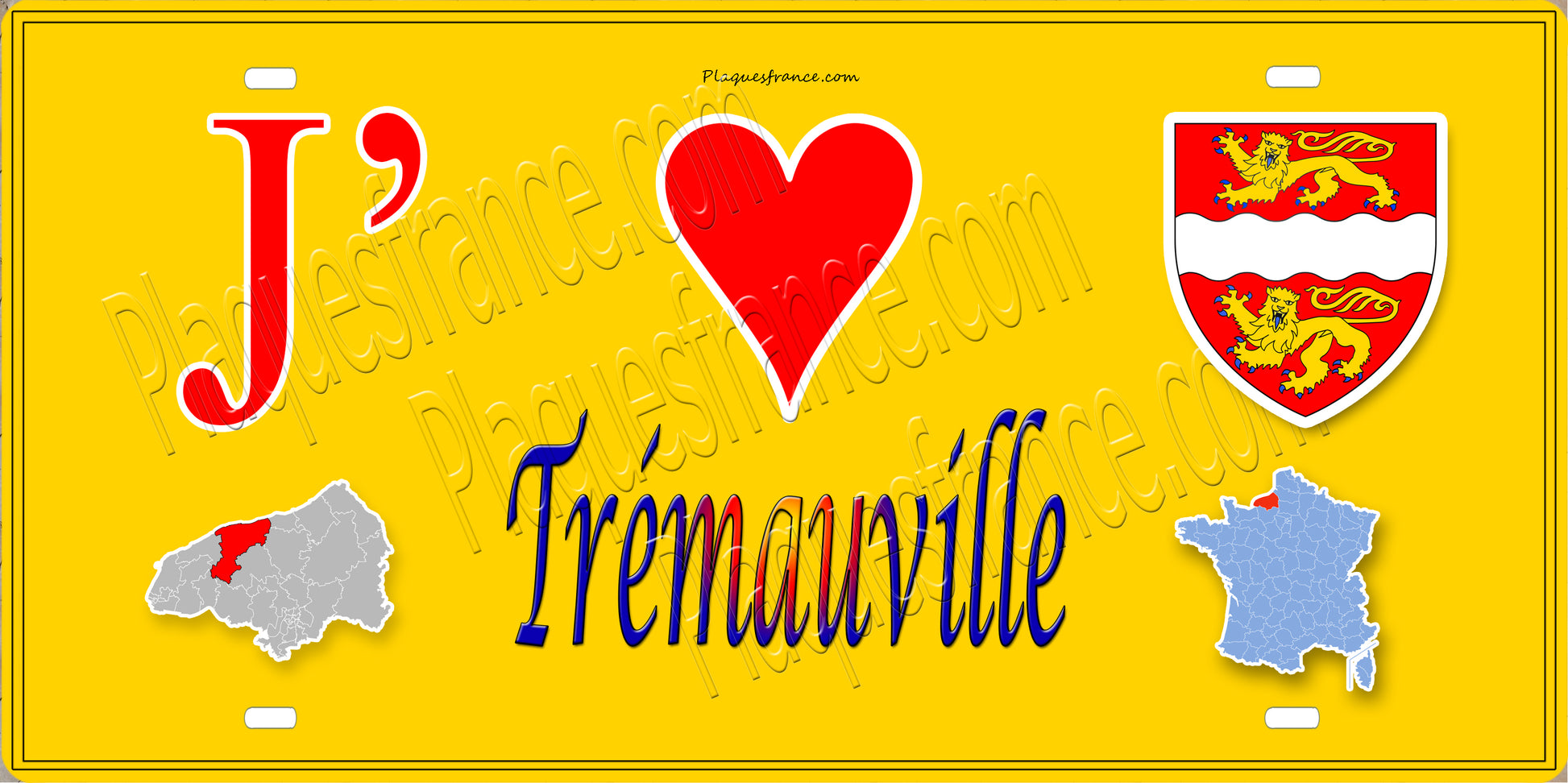Plaque métal décorative 15X30 J' ❤️ Trémauville, Seine Maritime (76) jaune carte
