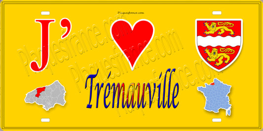 Plaque métal décorative 15X30 J' ❤️ Trémauville, Seine Maritime (76) jaune carte
