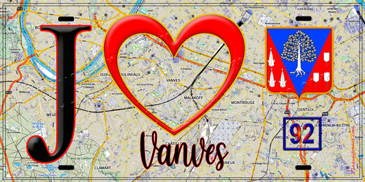 Plaque métal décorative  J' ❤️ Vanves, Hauts de Seine (92) fond carte