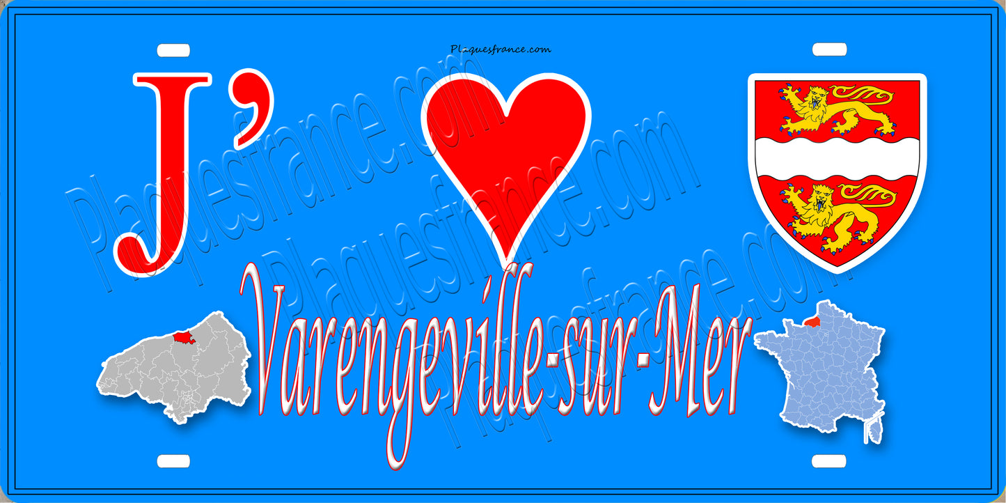 Plaque métal décorative 15x30 J' ❤️ Varengeville-sur-Mer, Seine Maritime (76) bleu carte